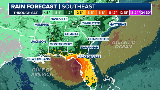 This graphic shows the forecast rain totals in the Southeast through the middle of this week.