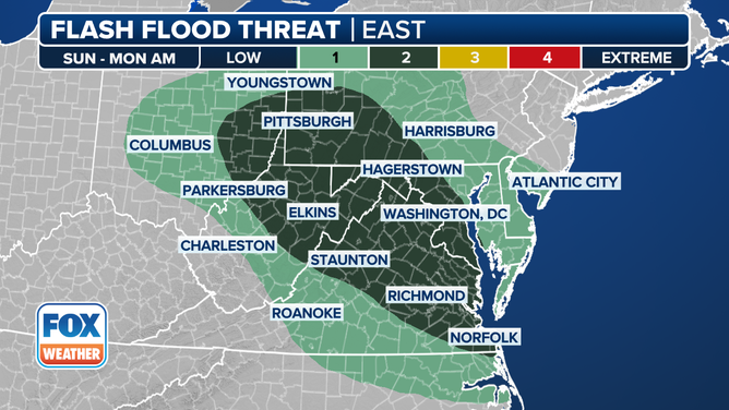 This graphic shows the flash flood threat on Sunday, June 8, 2025.