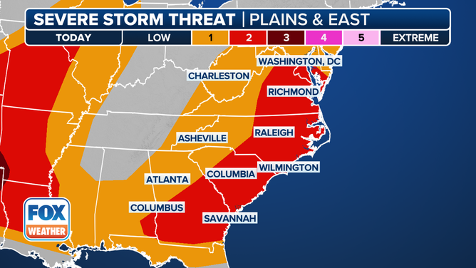 This graphic shows the severe weather threat on the East Coast on Sunday, June 8, 2025.