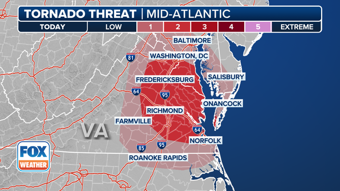 This graphic shows the tornado threat on Sunday, June 8, 2025.