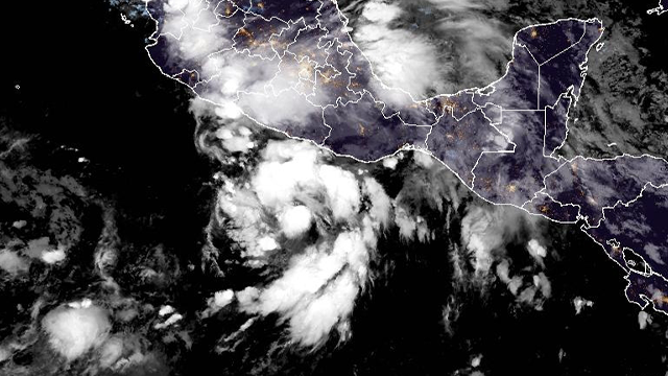 This satellite image shows Tropical Depression 6E in the Eastern Pacific on Sunday, June 29, 2025.
