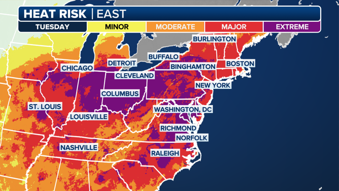 Heat Risk across the eastern US on Tuesday, June 24.