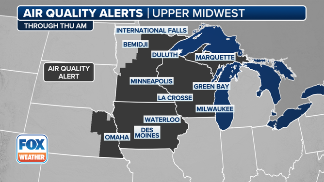 his graphic shows air quality alerts posted in the Upper Midwest through Thursday morning.