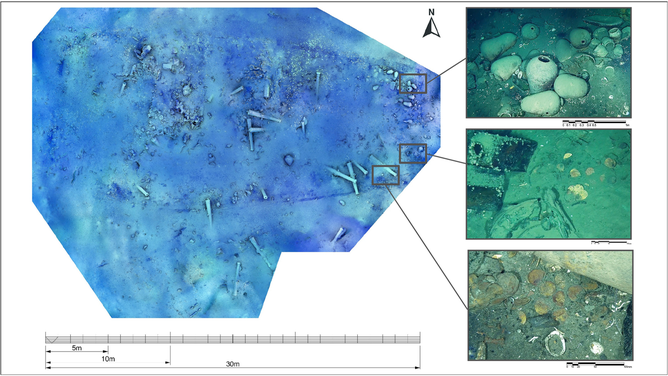 Three areas of cob hoards were identified on both the port (b & c) and starboard (a) sides of the stern section. They are scattered in groups surrounded by artefacts from the cargo, artillery and everyday life aboard the ship