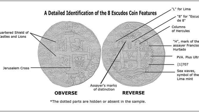 An 8-escudos cob of 1707, based on high-resolution in situ photographs from the 2022 archaeological campaign