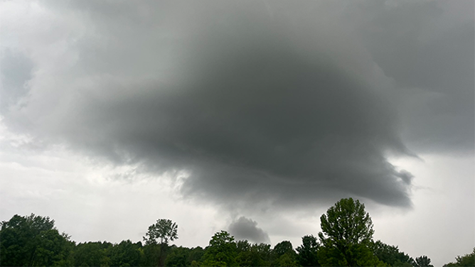 This image shows a wall cloud spinning over Elbridge, New York, on June 9, 2025.