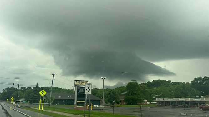 This image shows a wall cloud spinning over Elbridge, New York, on June 9, 2025.