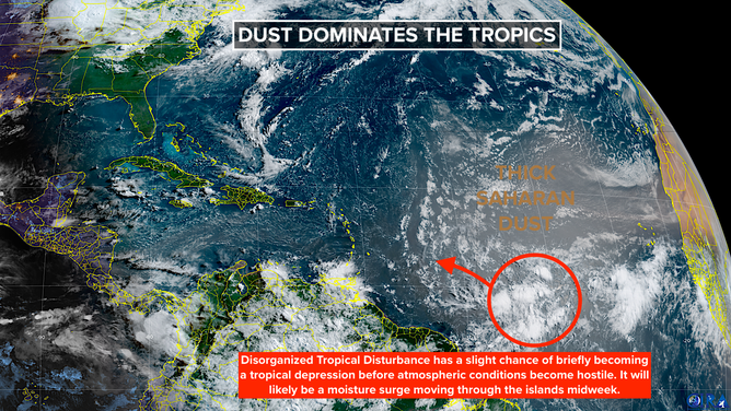 A disorganized tropical disturbance has a slight chance of briefly becoming a tropical depression before atmospheric conditions become hostile. It will likely be a moisture surge moving through the Caribbean islands midweek.