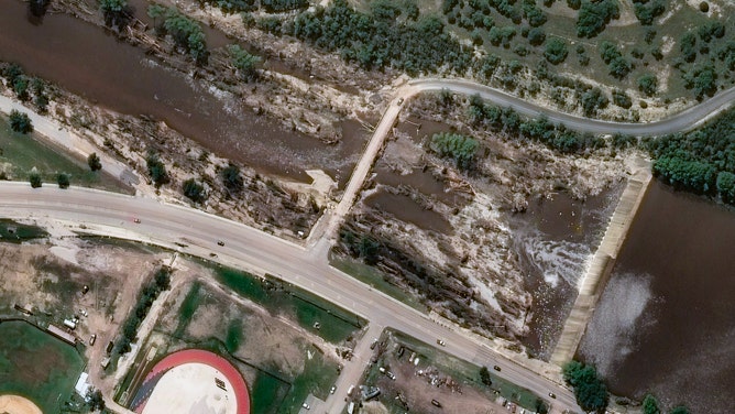 Before and after images of vegetation along the Guadalupe River near Hunt and Kerrville, Texas.