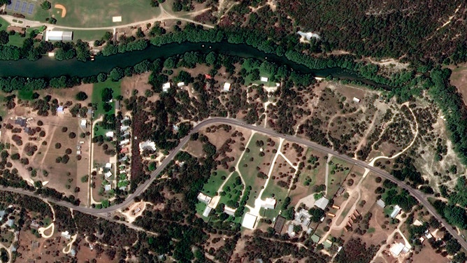 Before and after images of vegetation along the Guadalupe River near Hunt and Kerrville, Texas.