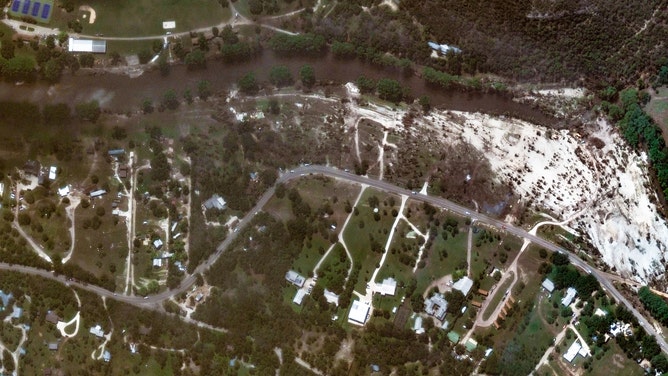 Before and after images of vegetation along the Guadalupe River near Hunt and Kerrville, Texas.