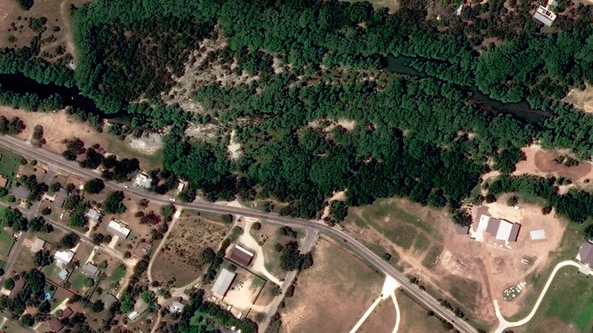 Before and after images of vegetation along the Guadalupe River near Hunt and Kerrville, Texas.
