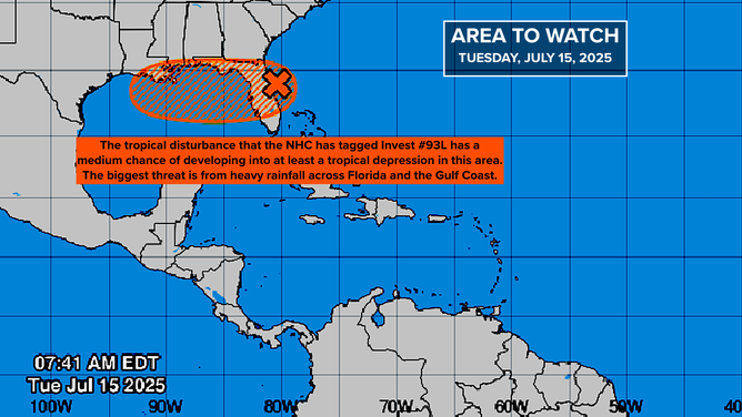 A disorganized disturbance off the east coast of Florida is forecast to bring heavy rain to the Florida Peninsula into Wednesday.