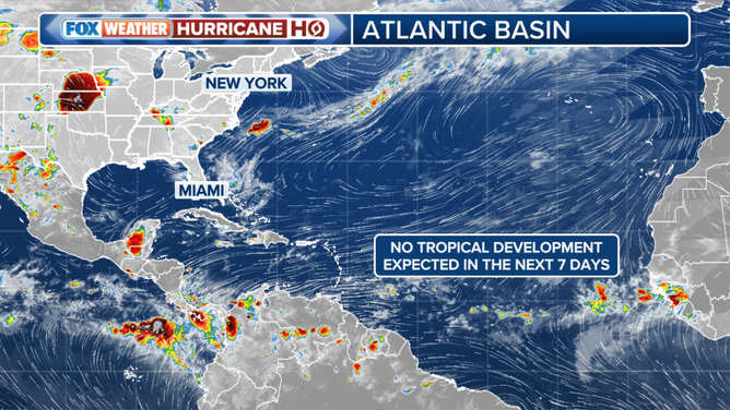 This graphic shows that no tropical development is expected in the Atlantic Ocean's Main Development region over the next 7 days.