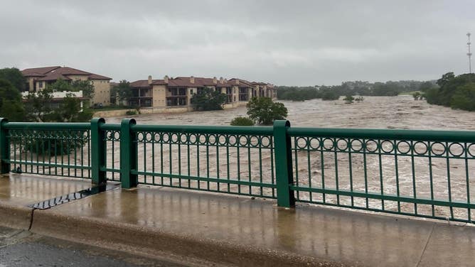 Flooded San Gabriel River in Georgetown, Texas.