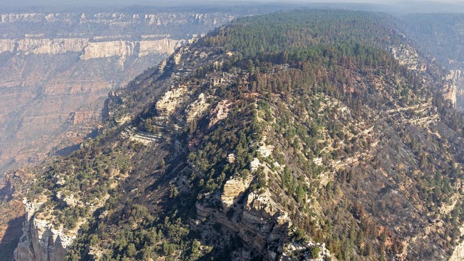Above Bright Angel Point while approaching the North Rim developed area. Grand Canyon Lodge is visible in the center.