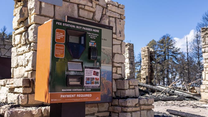 Photo from July 18, of a park entrance fee station located behind the North Rim Visitor Center which was destroyed by the Dragon Bravo Fire on July 12-13, 2025.