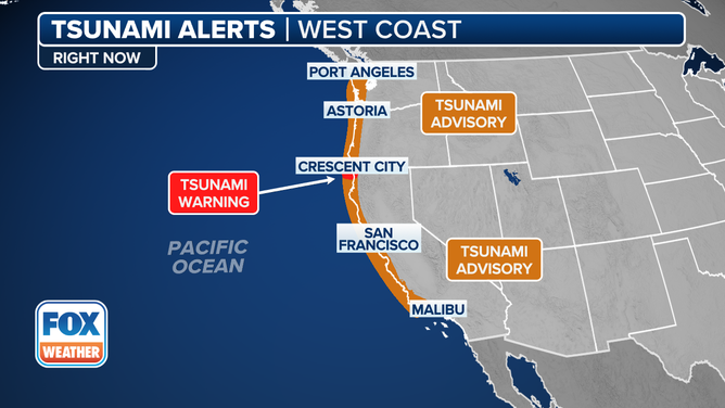 This graphic shows tsunami alerts in effect for the U.S. West Coast.