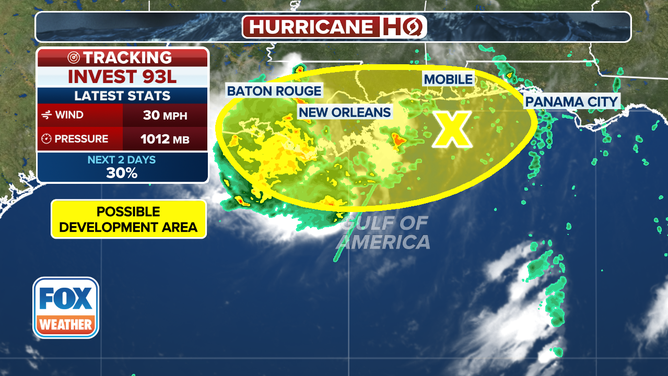 The development odds for Invest 93L along the Gulf Coast.