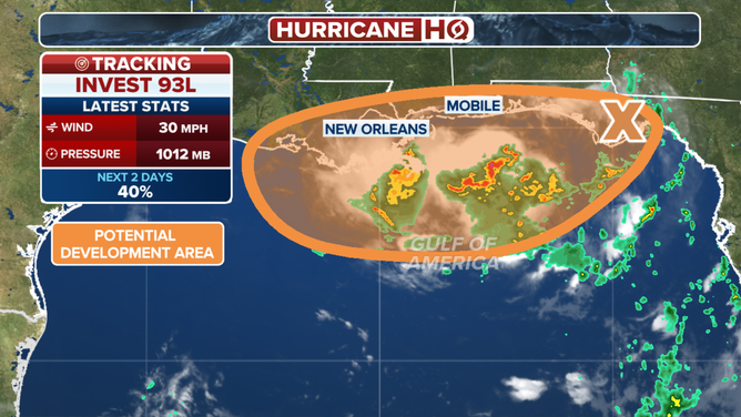 The outlook for an area of possible development moving into the Gulf this week.