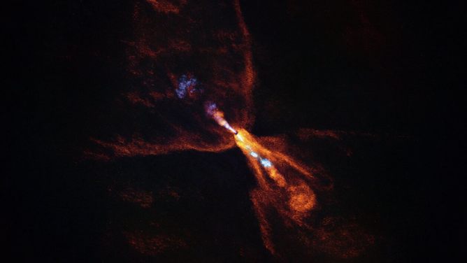 HOPS-315, a baby star where astronomers have observed evidence for the earliest stages of planet formation. The image was taken with the Atacama Large Millimeter/submillimeter Array (ALMA).