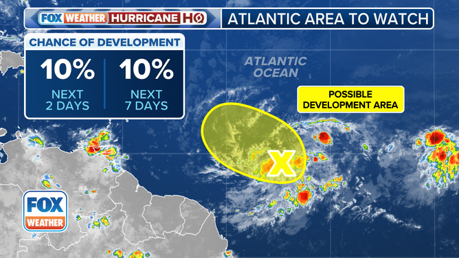 The outlook for a tropical disturbance in the central tropical Atlantic Ocean.