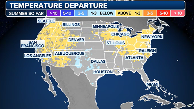 Temperature departure over summer 2025