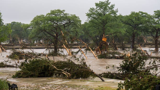 Trees emerge from flood waters along the Guadalupe River on July 4, 2025 in Kerrville, Texas.