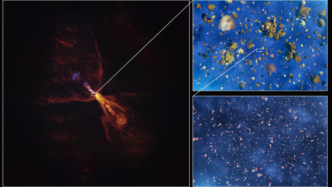 These images illustrate how hot gas condenses into solid minerals around the baby star HOPS-315. The image to the left was taken with the Atacama Large Millimeter/submillimeter Array (ALMA).