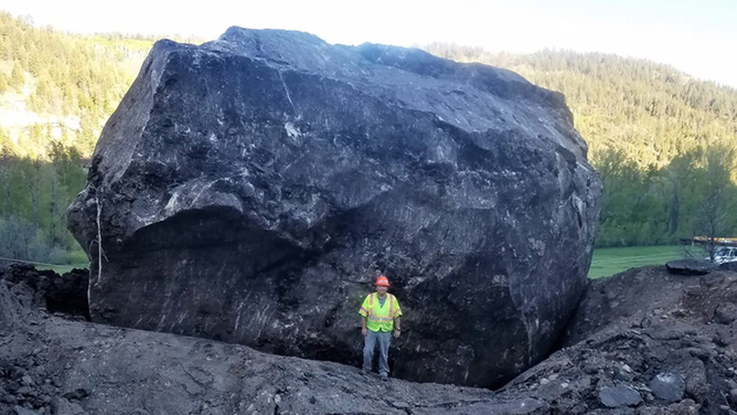 Colorado Highway 145 boulder in 2019.