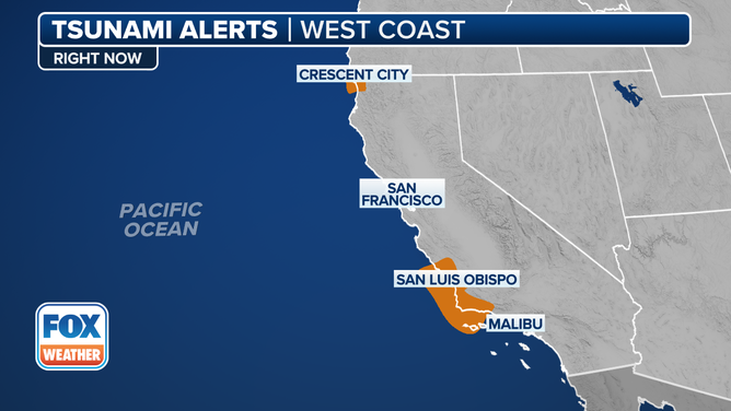 Tsunami alerts for coastal California on Wednesday, July 30, 2025.