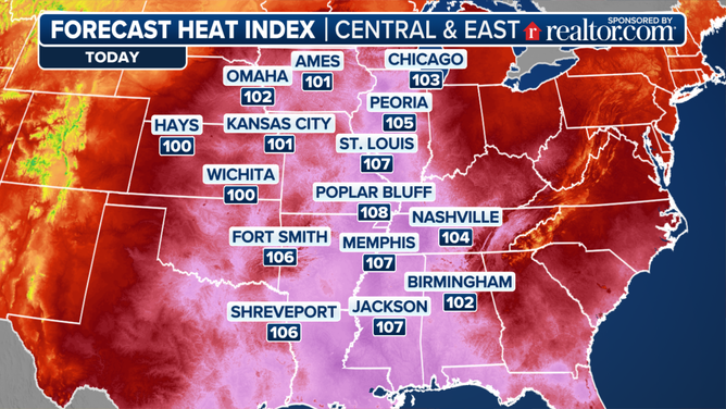 This graphic shows the forecast heat indices for Thursday, July 24, 2025.