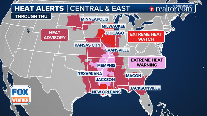 This graphic shows the heat alerts through Thursday, July 24, 2025.