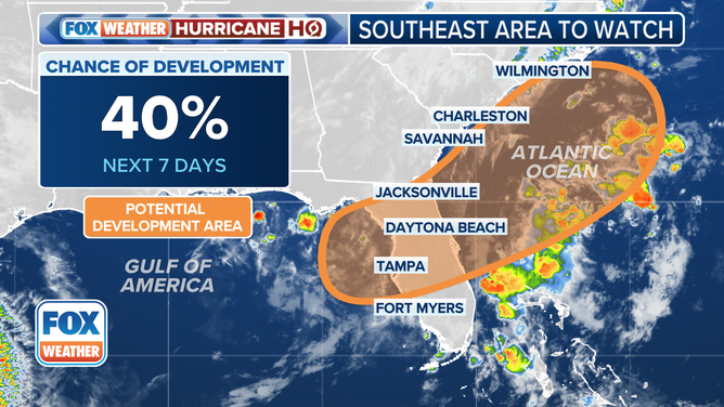 This graphic shows the tropical development chances off the Southeast coast over the next week.