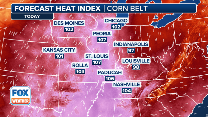 This graphic shows the forecast heat index temperatures on Wednesday, July 23, 2025.