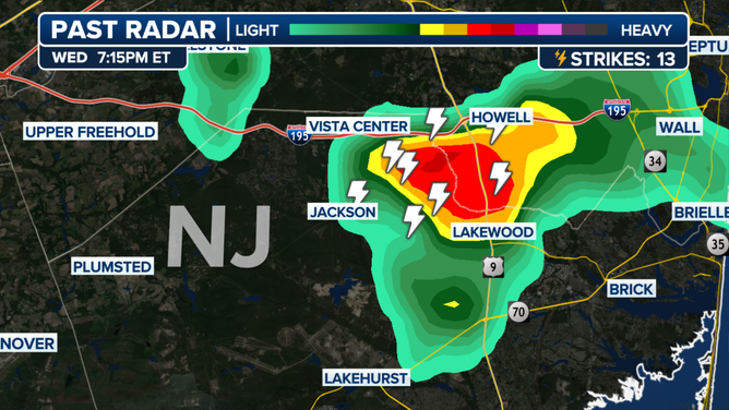 Radar showing storms around New Jersey on 7/16/2025