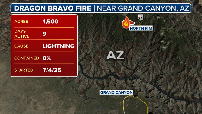 Dragon Bravo Fire within the Inner Canyon of Grand Canyon National Park. It began on July 4, 2025.
