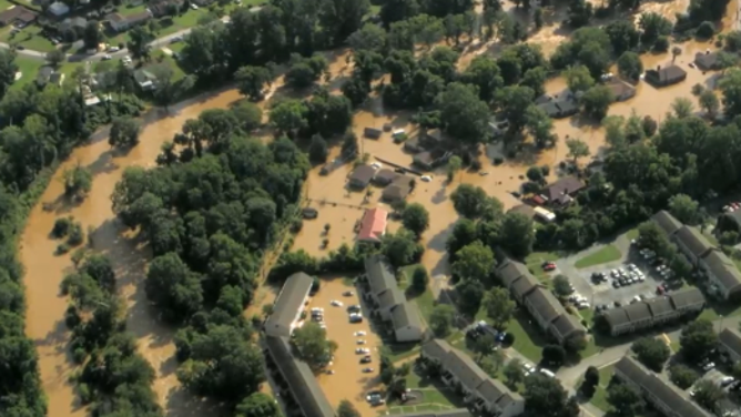 Flooding from the Eno River inundates part of Durham County, North Carolina seen on Monday morning, July 7, 2025.