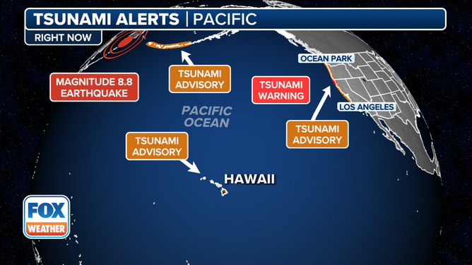 This graphic shows tsunami alerts across the Pacific Ocean.