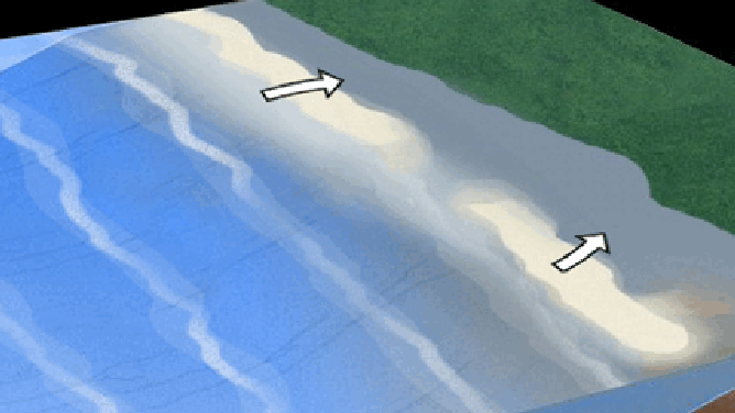 How rip currents form. Note the direction of the water flowing from waves crashing onto shore.