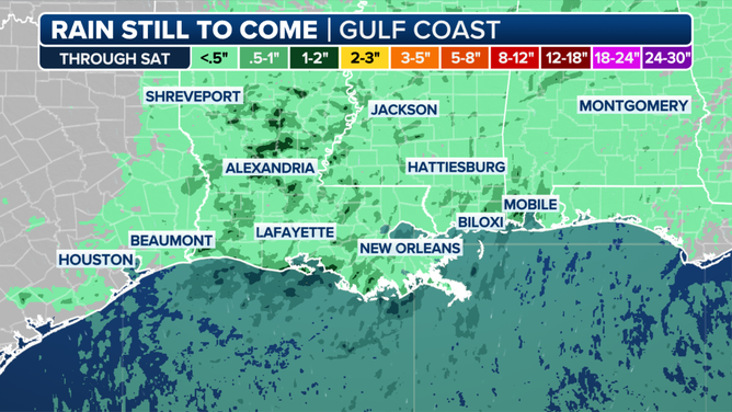 The rainfall forecast for the northern Gulf Coast through Saturday.