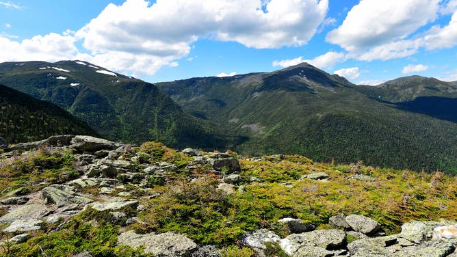 A view from the auto road on Mount Washington, standing at an elevation of 6,288.2 ft, looking out to the surrounding White Mountains, in the Presidential Range of the White Mountains in New Hampshire on June 12, 2020.