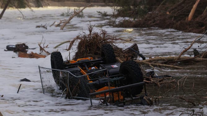 KERRVILLE, TEXAS - JULY 6: Construction equipment is seen caught in the Guadalupe River in the aftermath of deadly flooding in Kerrville, Texas on July 6, 2025. (Photo by Jorge Salgado/Anadolu via Getty Images)