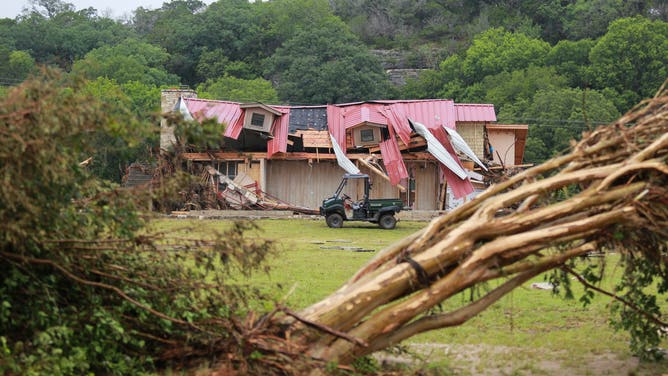 Widespread damage is seen in and around Kerrville, Texas, on July 6, 2025, following a deadly flash flood that causes the Guadalupe River to rise 26 feet in less than an hour early Friday morning. Eighty people are confirmed dead, and 40 more remain missing. Pictured: a destroyed house near the Guadalupe River. (Photo by Reginald Mathalone/NurPhoto via Getty Images)