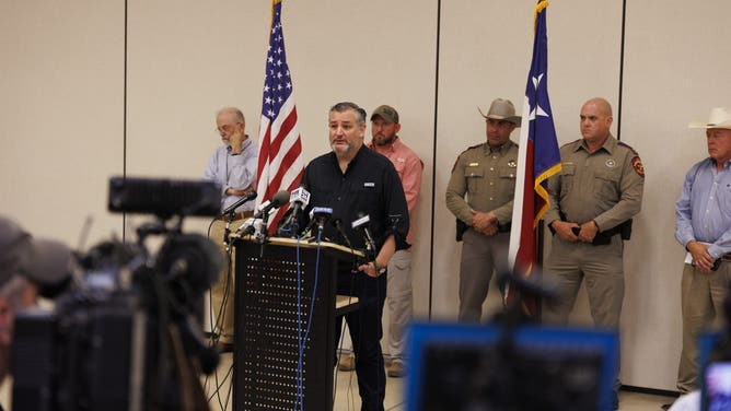 KERRVILLE, TEXAS - JULY 7: U.S. Senator Ted Cruz (Texas) speaks at a news briefing in Texas' Hill Country near the Guadalupe River in Kerrville, Texas on July 7, 2025. (Photo by Jorge Salgado/Anadolu via Getty Images)