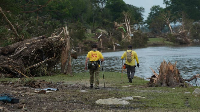 KERR COUNTY, TEXAS, UNITED STATES - JULY 7: Teams continue rescue and recovery operations around the Guadalupe River, which overflowed, contributing to a disaster that has killed at least 104 people across the region, including campers and staff in the US state of Texas on Monday, July 7, 2025. (Photo by Lokman Vural Elibol/Anadolu via Getty Images)
