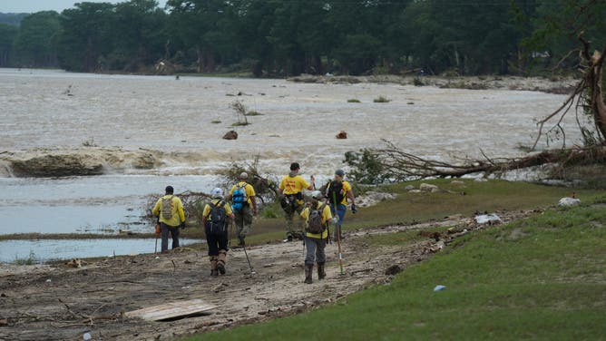 KERR COUNTY, TEXAS, UNITED STATES - JULY 7: Teams continue rescue and recovery operations around the Guadalupe River, which overflowed, contributing to a disaster that has killed at least 104 people across the region, including campers and staff in the US state of Texas on Monday, July 7, 2025. (Photo by Lokman Vural Elibol/Anadolu via Getty Images)