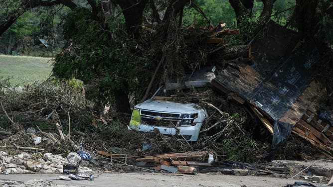 A view of destruction after heavy rainfall overwhelmed the Guadalupe River, sending floodwaters roaring through homes and area summer camps in Hunt, Texas, United States on July 8, 2025.