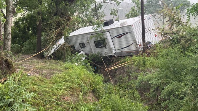 COMFORT, TEXAS - JULY 5: Damage at an RV park along the Guadalupe River in Comfort just outside Kerrville is shown Saturday, July 5, 2025. (Jason Fochtman/Houston Chronicle via Getty Images)