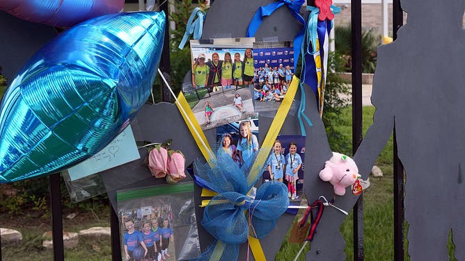 A memorial for Greta Toranzo, one of the girls missing from Camp Mystic, sits in front of Sinclair Elementary School in Houston, Monday, July 7, 2025